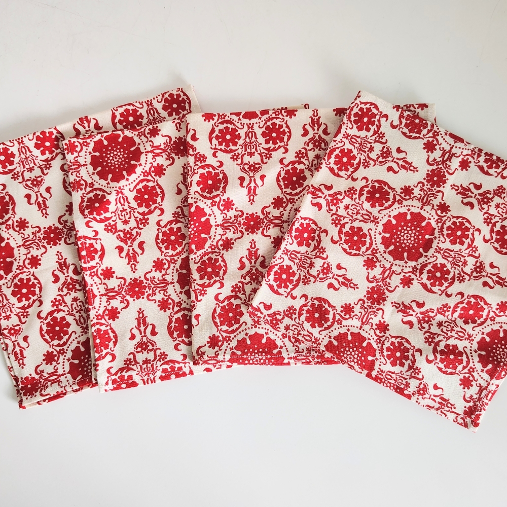 Vintage Woven Jacquard Napkins Red Beige Table Set of Four